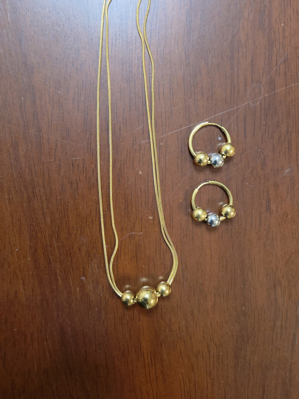 Gold Tone Bead Necklace and Hoop Earring Set -E Elegant Women’s Jewelry